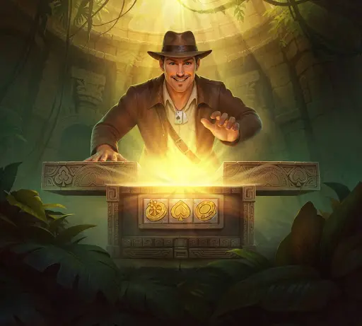 Uśmiechnięty odkrywca pochylający się nad świetlistym ołtarzem w dżunglowej świątyni, w momencie odkrycia ukrytych symboli nagrody i nowych możliwości dostępnych dzięki bonus sankra