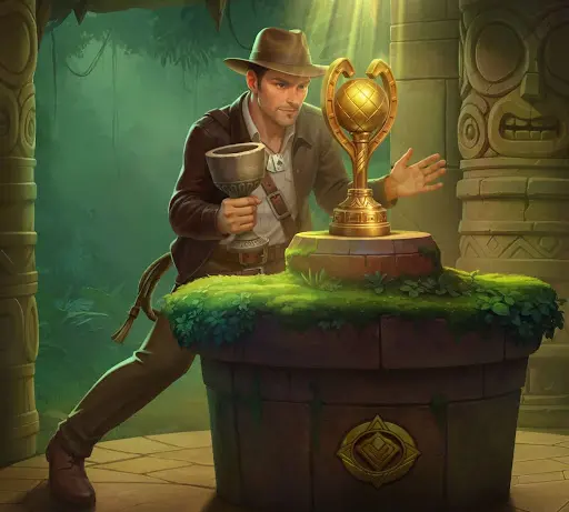 Odkrywca w świątyni dżungli ostrożnie sięgający po złoty artefakt na kamiennym ołtarzu, symbolizujący moment decyzji i dostęp do wyjątkowych możliwości, jakie oferuje bonus kasynowy sankra